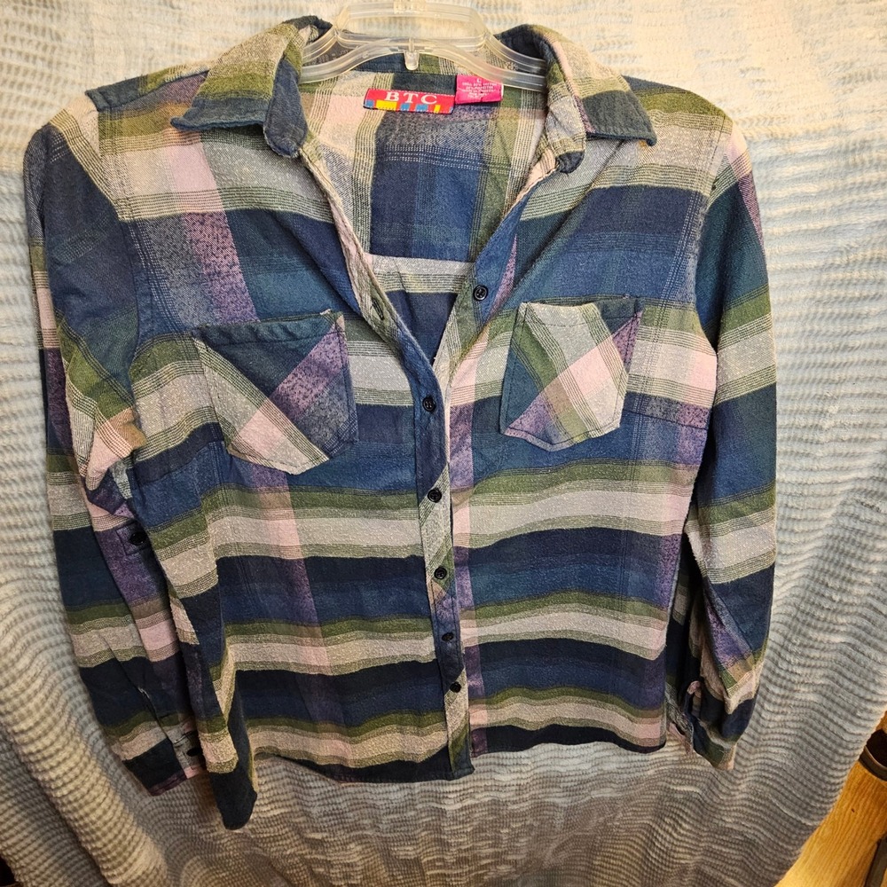 BTC Plaid Button Up Shirt Long Sleeve Pink Green Blue Women Large